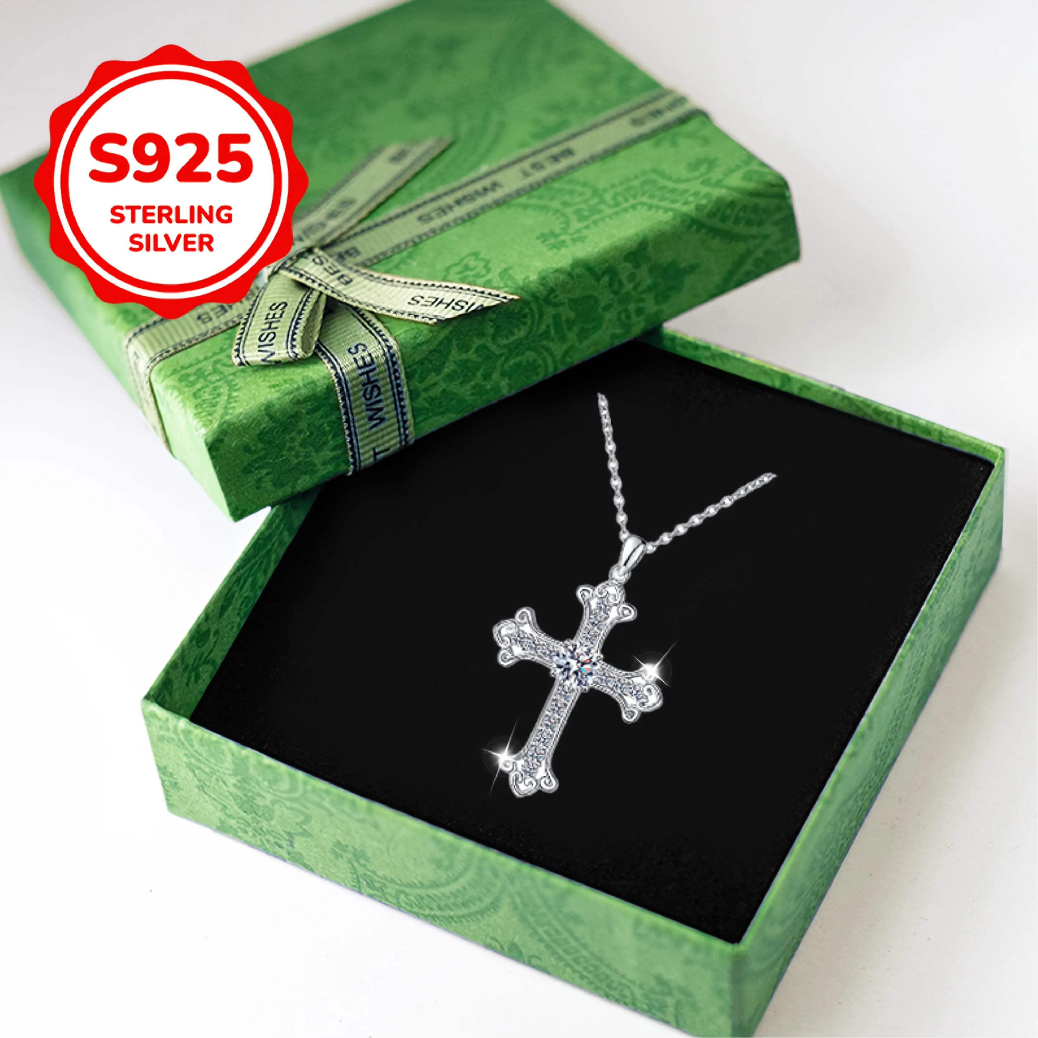 Cross Peony Pendant Necklace Faith Lockbone Chain CZ S925 Silver