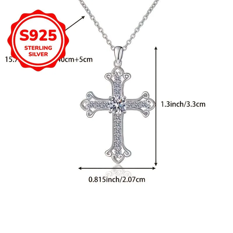 Cross Peony Pendant Necklace Faith Lockbone Chain CZ S925 Silver