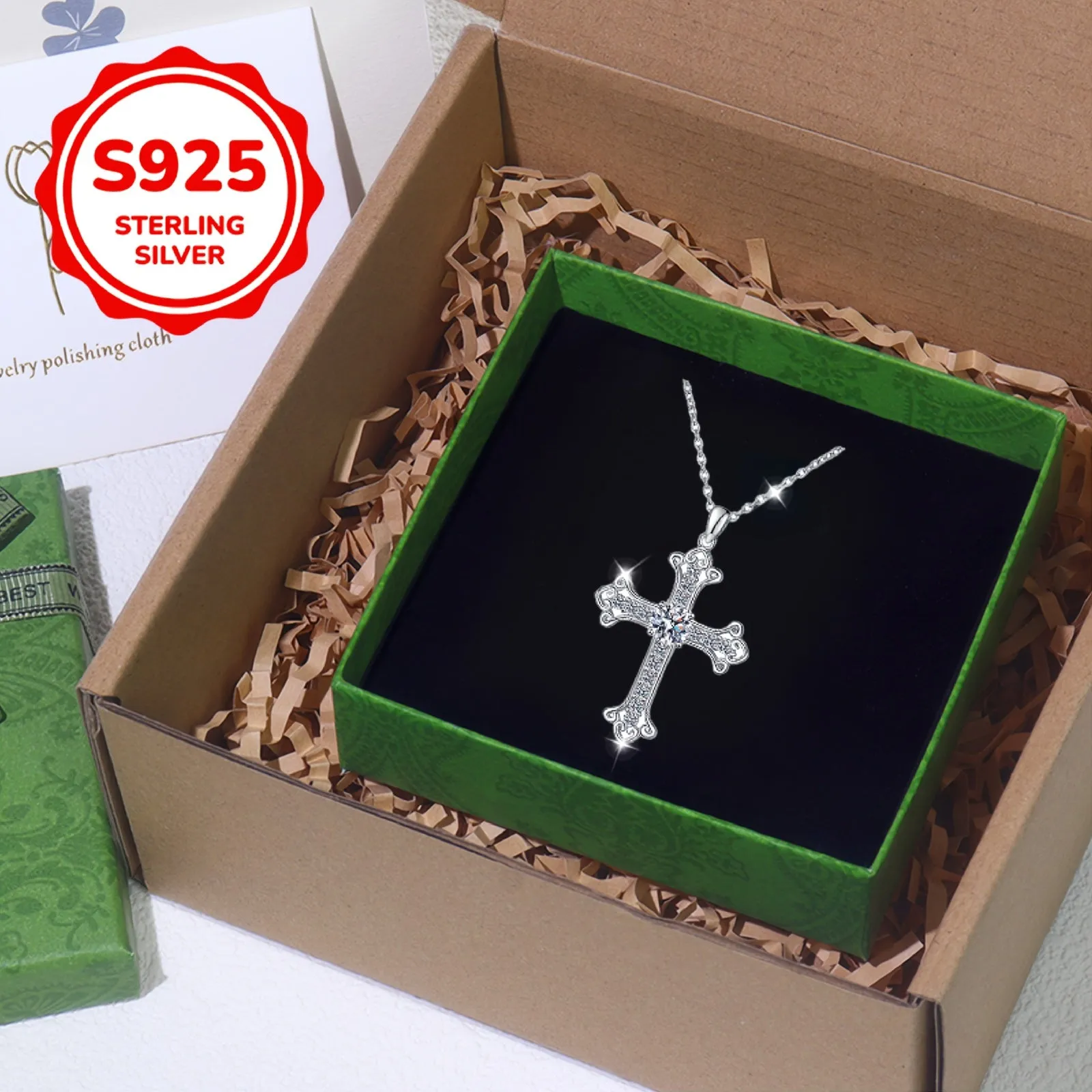 Cross Peony Pendant Necklace Faith Lockbone Chain CZ S925 Silver