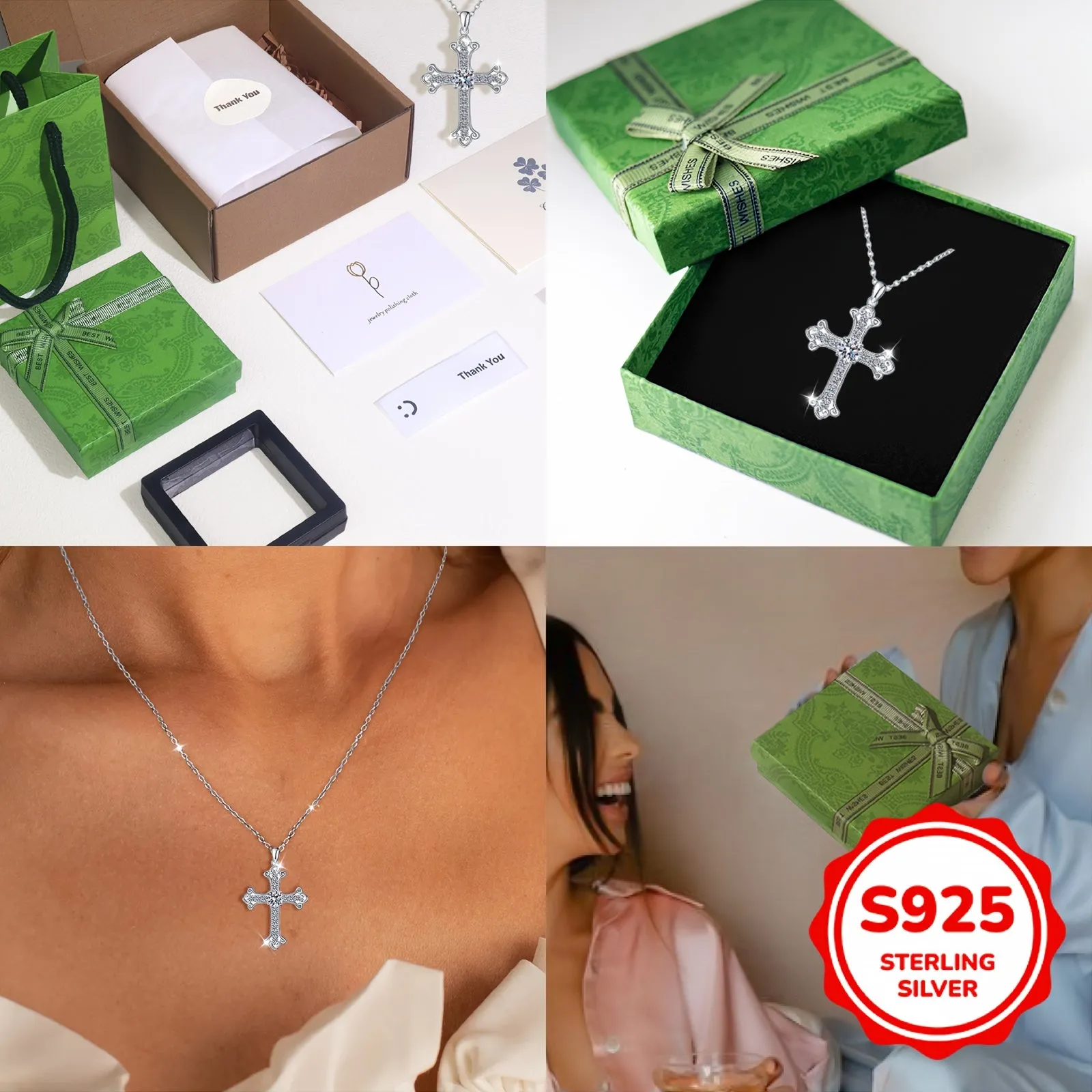 Cross Peony Pendant Necklace Faith Lockbone Chain CZ S925 Silver
