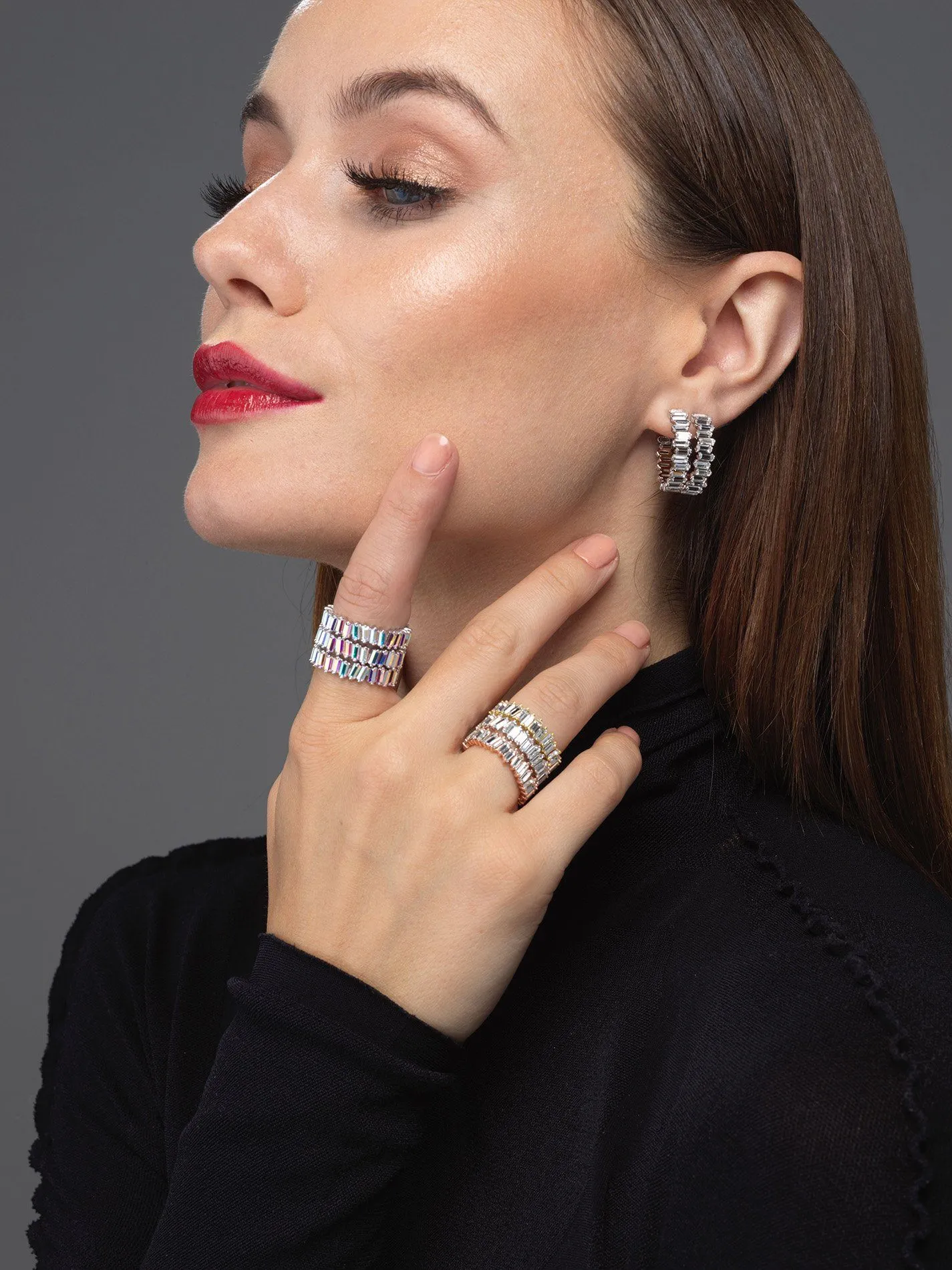 Crystal Silver Baguette Hoop Earring