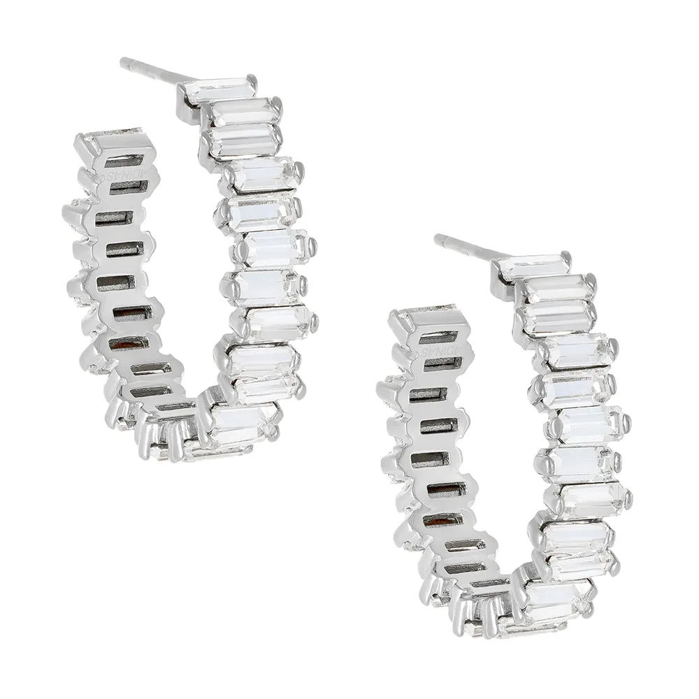 Crystal Silver Baguette Hoop Earring