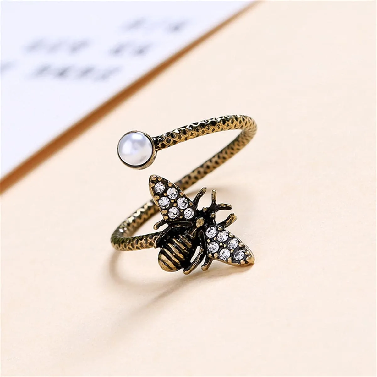 Cubic Zirconia & Pearl 18K Gold-Plated Antiqued Bee Bypass Ring
