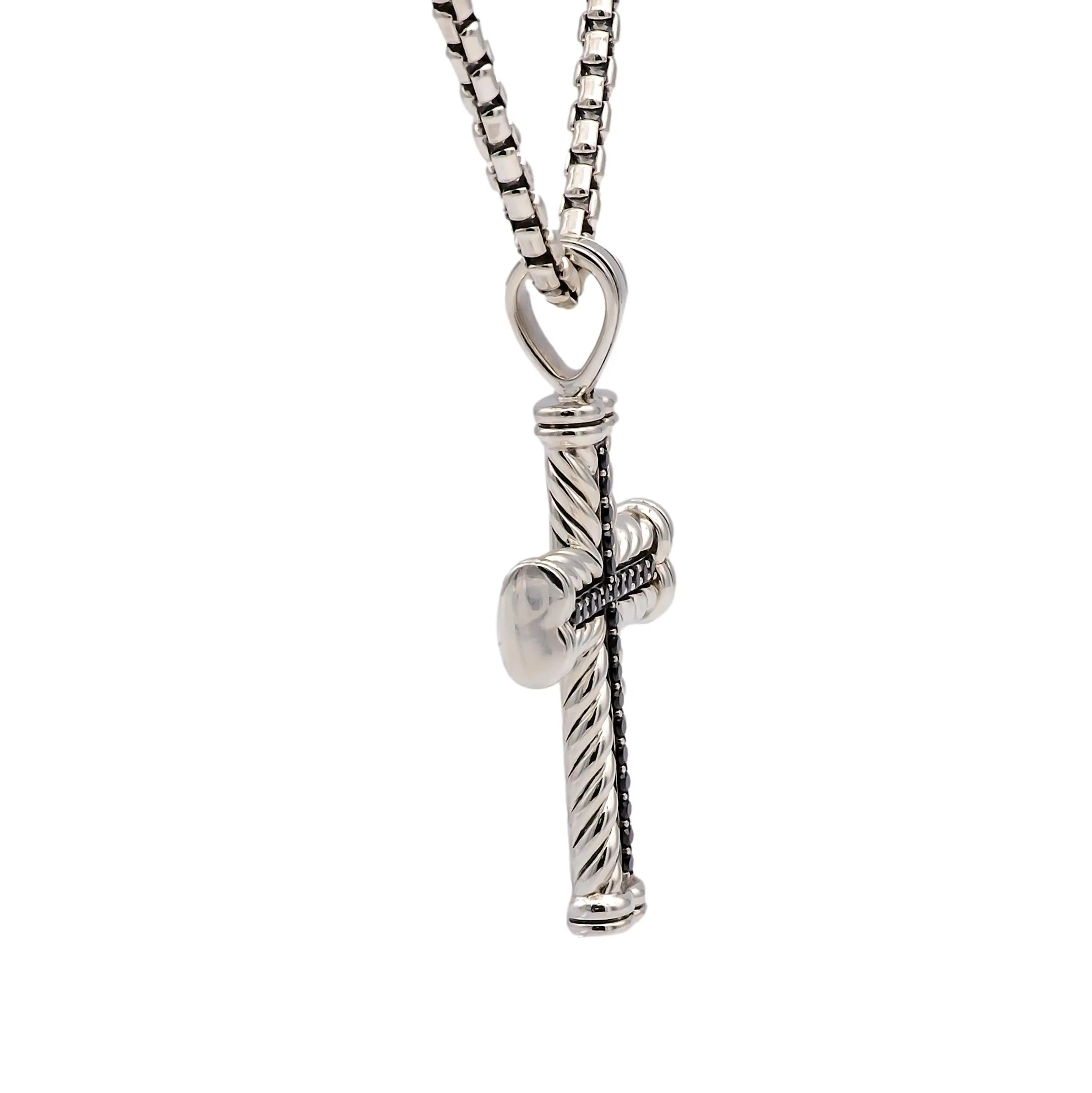 David Yurman Sterling Silver Black Diamond Chevron Cross Pendant Necklace 26”