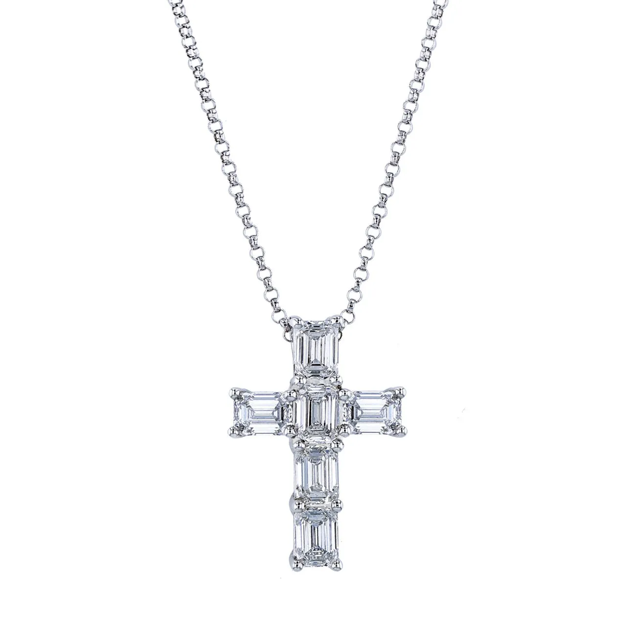 Emerald Cut 18K White Gold 4.26ct Diamond Cross Pendant Necklace