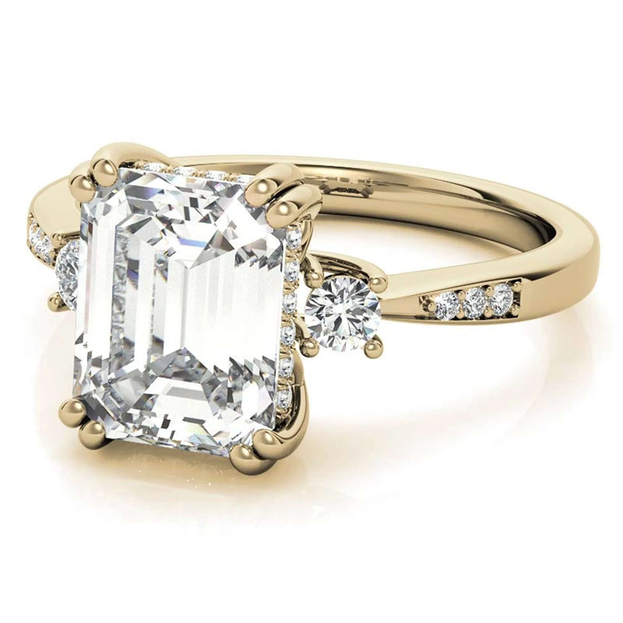 Emerald-Cut  With Two Round Stones Yellow  Gold Adjustable Sterling Silver Engagement Ring For Woman