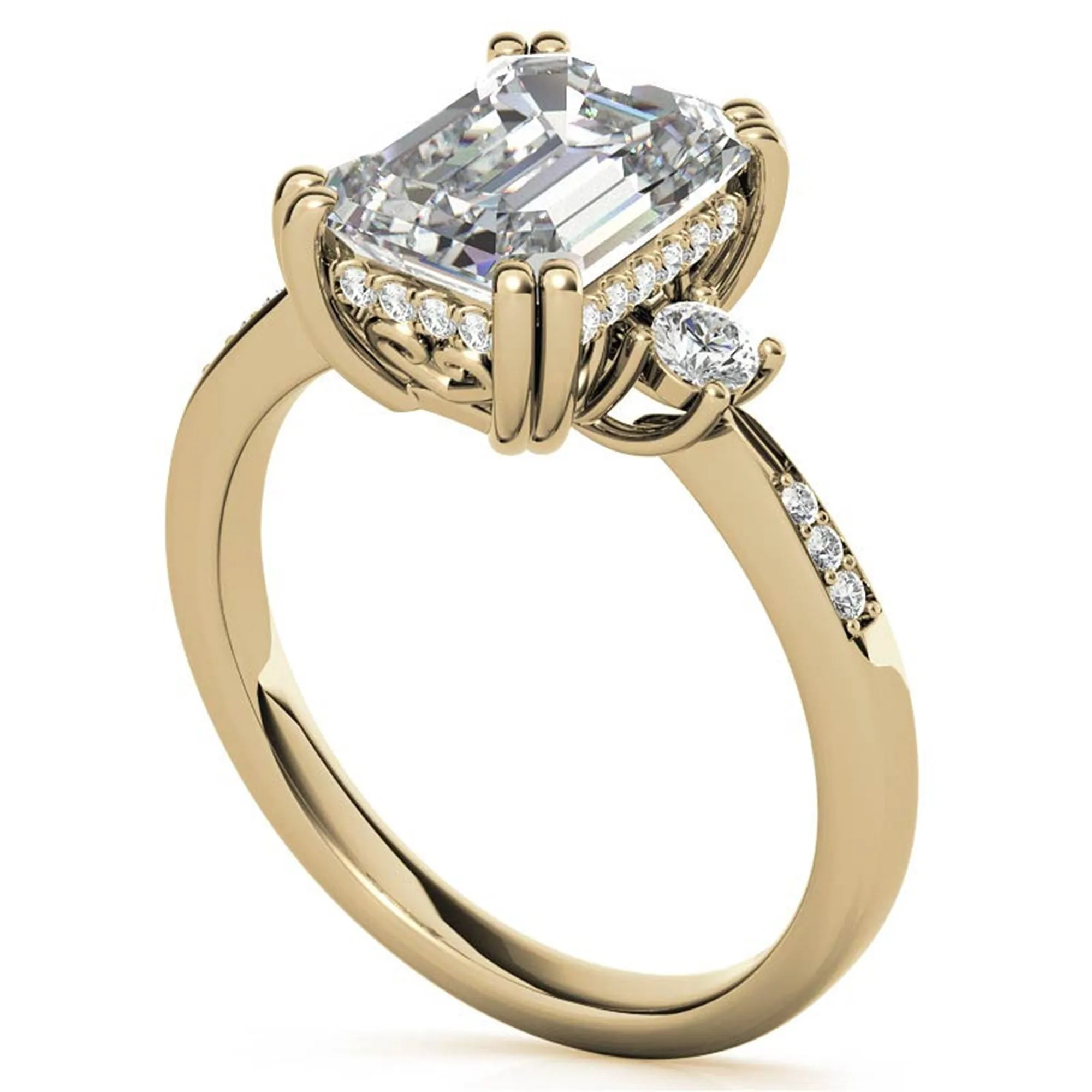 Emerald-Cut  With Two Round Stones Yellow  Gold Adjustable Sterling Silver Engagement Ring For Woman