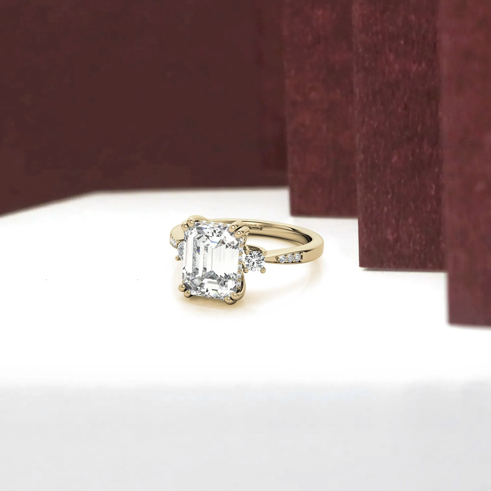 Emerald-Cut  With Two Round Stones Yellow  Gold Adjustable Sterling Silver Engagement Ring For Woman
