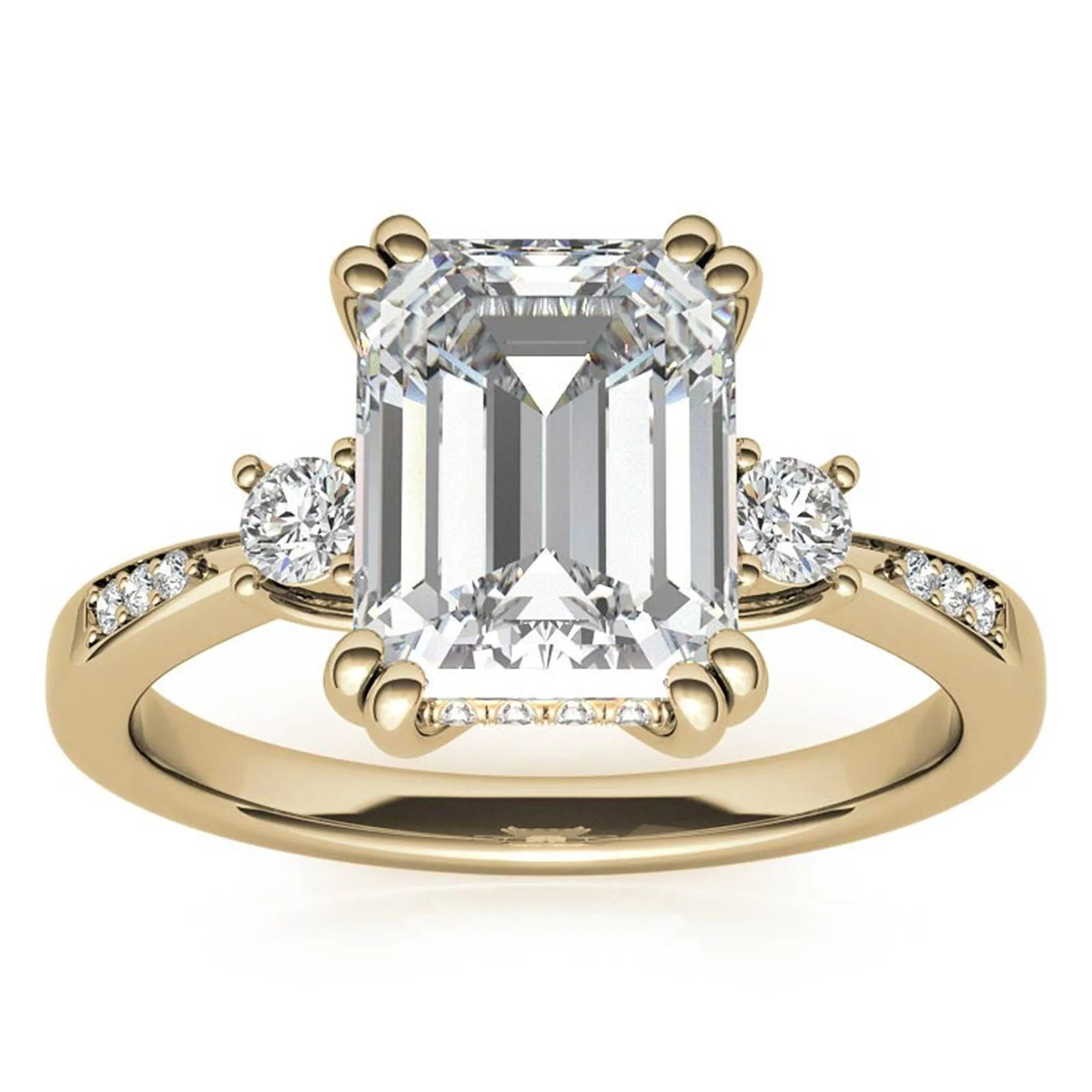 Emerald-Cut  With Two Round Stones Yellow  Gold Adjustable Sterling Silver Engagement Ring For Woman