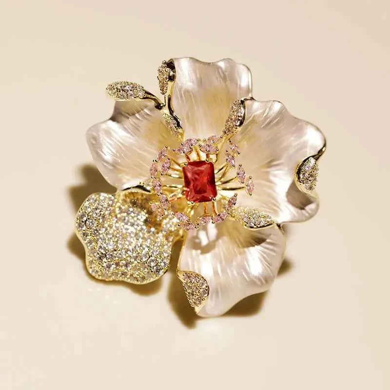 Enamel Peony Copper Zircon Brooch Pin