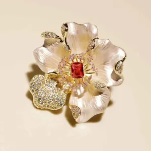 Enamel Peony Copper Zircon Brooch Pin