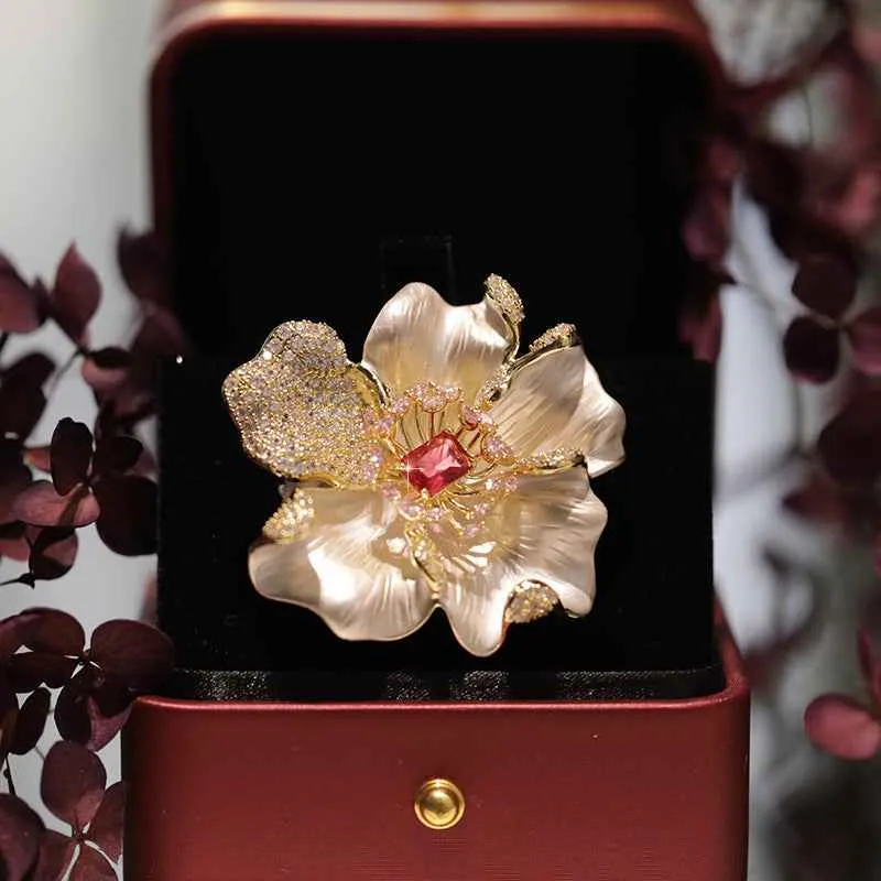 Enamel Peony Copper Zircon Brooch Pin