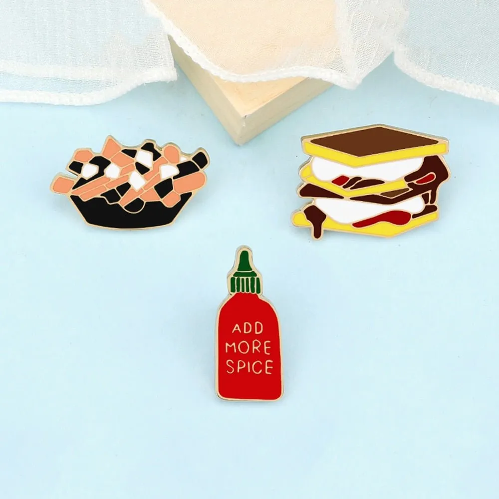 Fast Food Enamel Brooch Pins: Pizza, Hamburger, Hot Dog