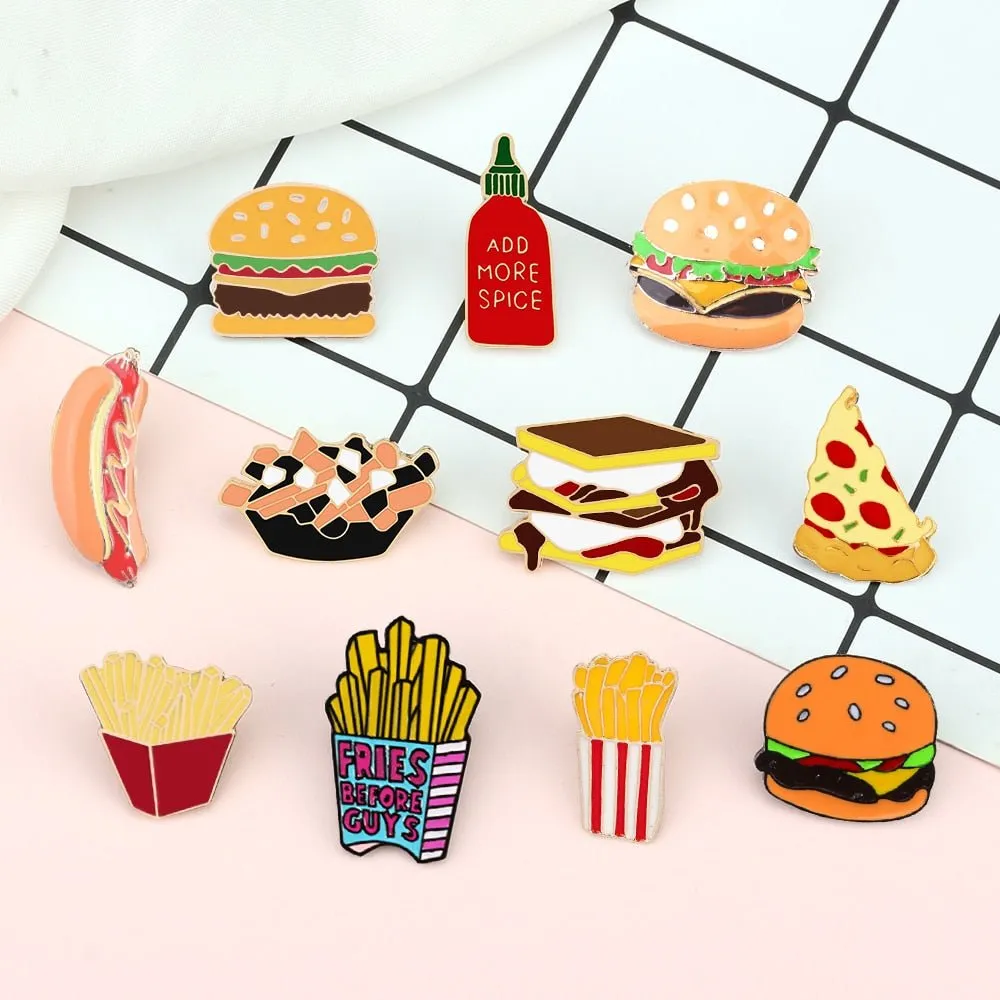 Fast Food Enamel Brooch Pins: Pizza, Hamburger, Hot Dog