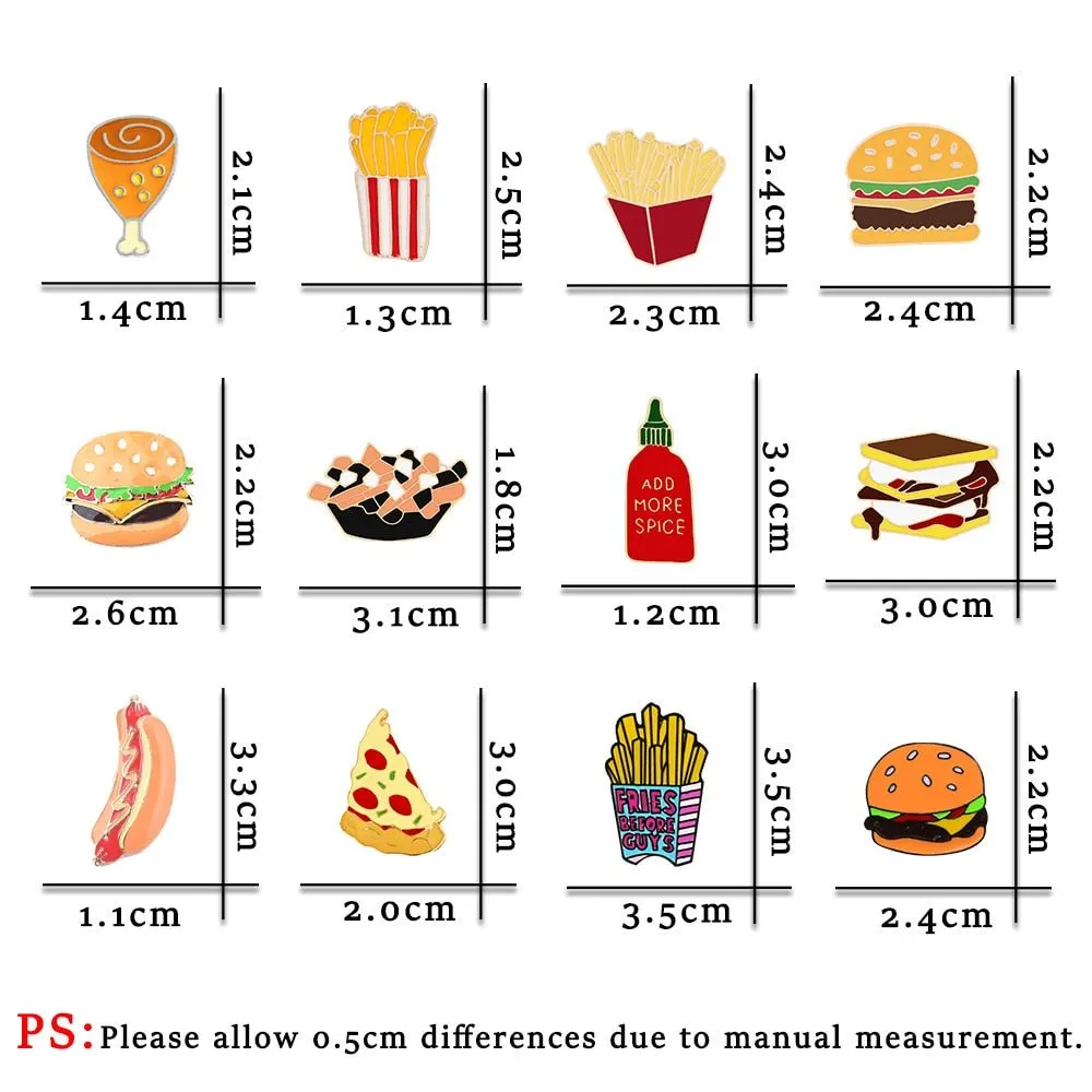 Fast Food Enamel Brooch Pins: Pizza, Hamburger, Hot Dog
