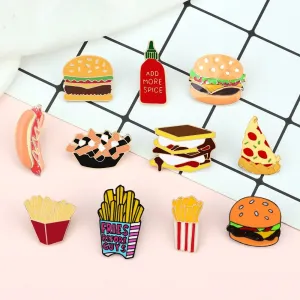 Fast Food Enamel Brooch Pins: Pizza, Hamburger, Hot Dog