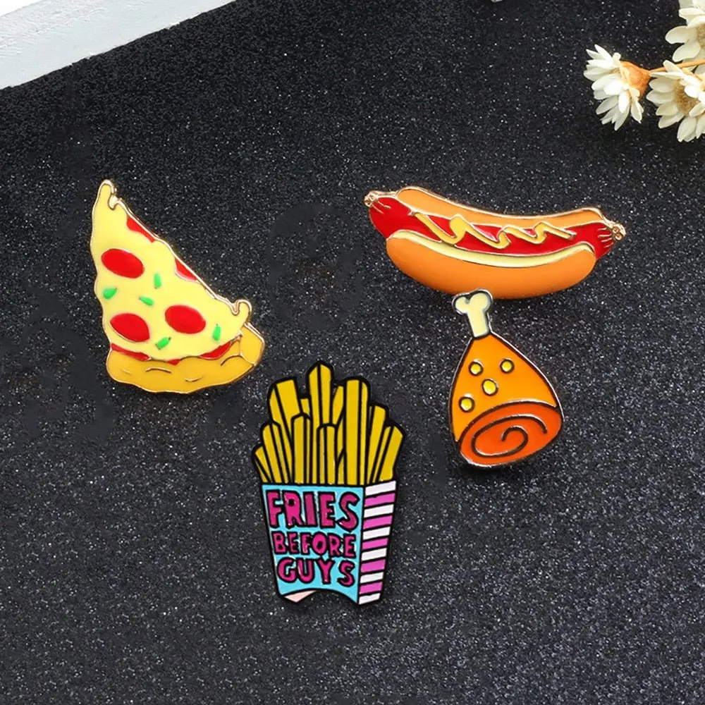 Fast Food Enamel Brooch Pins: Pizza, Hamburger, Hot Dog