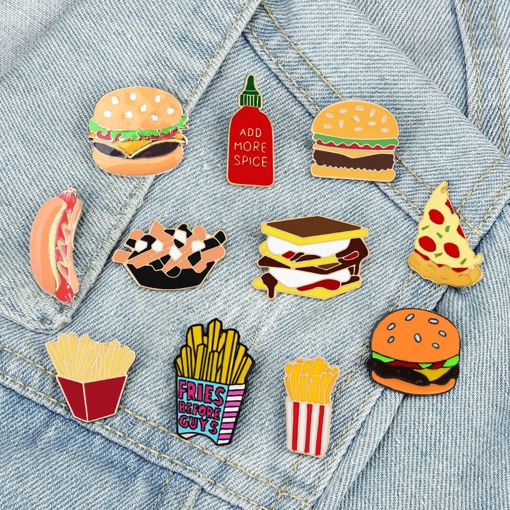 Fast Food Enamel Brooch Pins: Pizza, Hamburger, Hot Dog