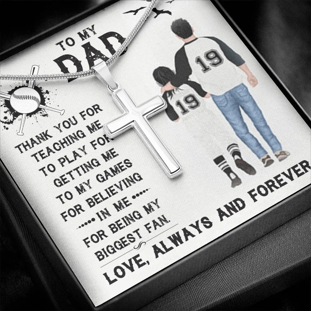 Father's Day - Baseball Dad Gift - Stainless Steel Cross Necklace Message Card Gift - Thank You For Father's Day, Daddy, Dad