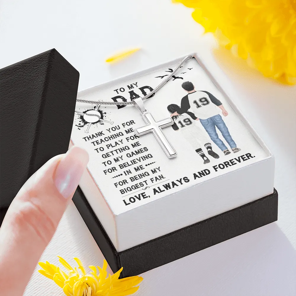 Father's Day - Baseball Dad Gift - Stainless Steel Cross Necklace Message Card Gift - Thank You For Father's Day, Daddy, Dad