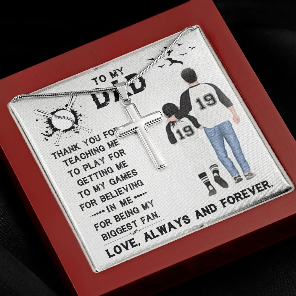 Father's Day - Baseball Dad Gift - Stainless Steel Cross Necklace Message Card Gift - Thank You For Father's Day, Daddy, Dad