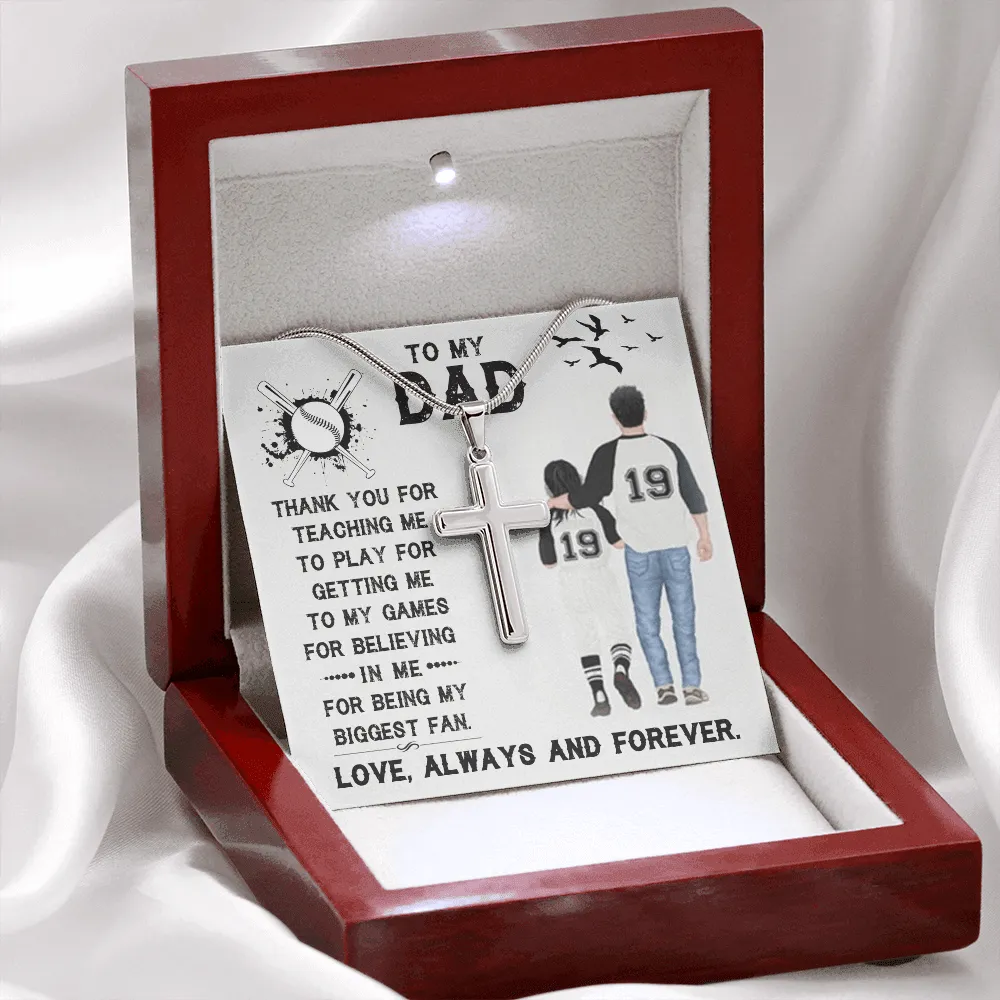 Father's Day - Baseball Dad Gift - Stainless Steel Cross Necklace Message Card Gift - Thank You For Father's Day, Daddy, Dad