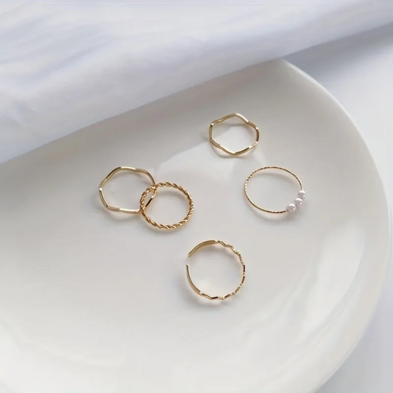 Faux Pearl Wave Shaped Ring Set Adjustable Opening Finger Ring