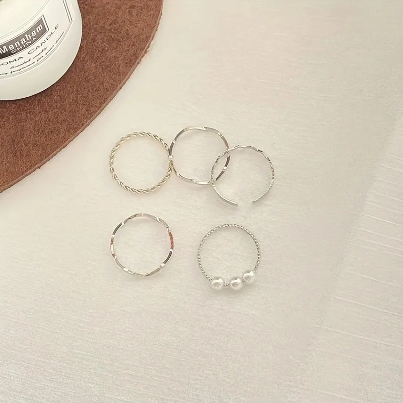 Faux Pearl Wave Shaped Ring Set Adjustable Opening Finger Ring