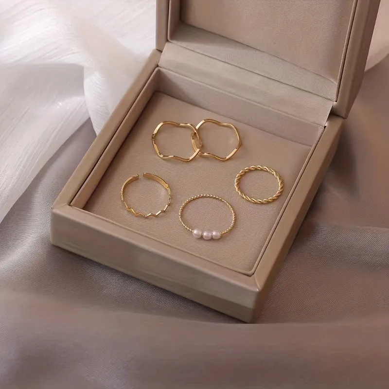 Faux Pearl Wave Shaped Ring Set Adjustable Opening Finger Ring