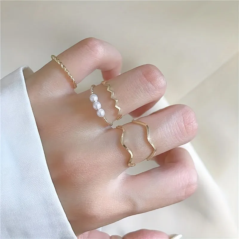 Faux Pearl Wave Shaped Ring Set Adjustable Opening Finger Ring