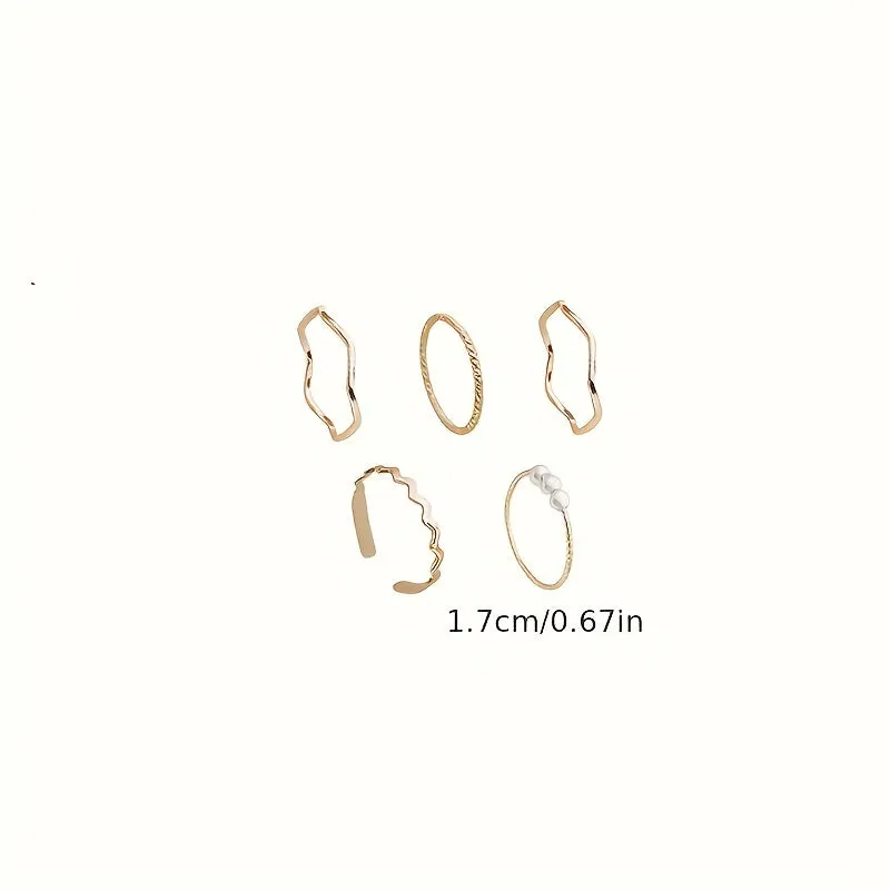 Faux Pearl Wave Shaped Ring Set Adjustable Opening Finger Ring