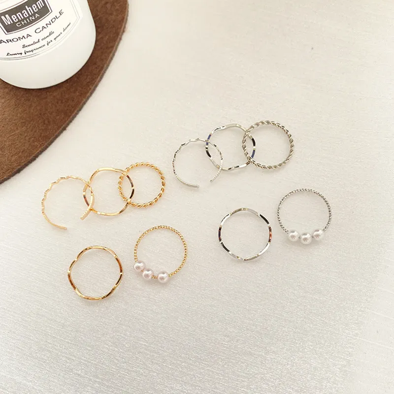 Faux Pearl Wave Shaped Ring Set Adjustable Opening Finger Ring