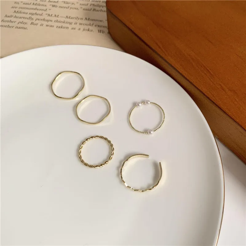 Faux Pearl Wave Shaped Ring Set Adjustable Opening Finger Ring
