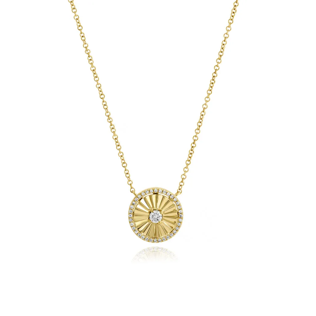 Fluted Center Diamond Pave Outline Gold Disc Necklace