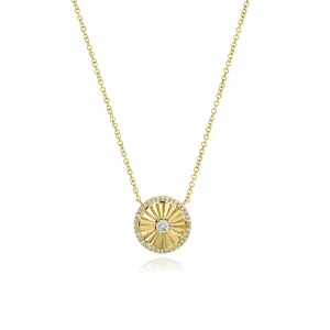 Fluted Center Diamond Pave Outline Gold Disc Necklace