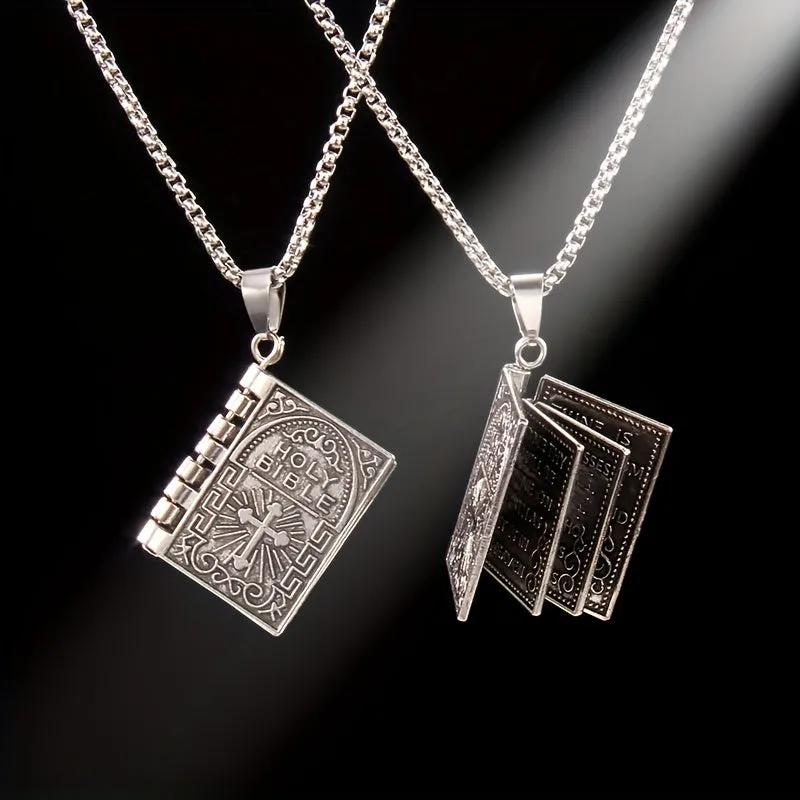 Foldable Bible Cross Pendant Hip Hop Long Book Necklace
