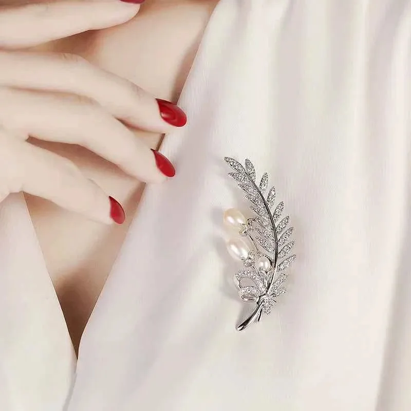 Gold and Silver Wheat Zircon Natural Pearl Leaf Brooch Pin