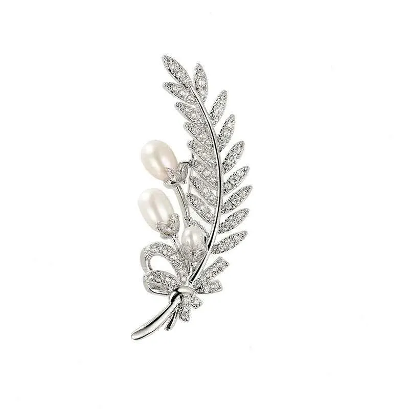 Gold and Silver Wheat Zircon Natural Pearl Leaf Brooch Pin