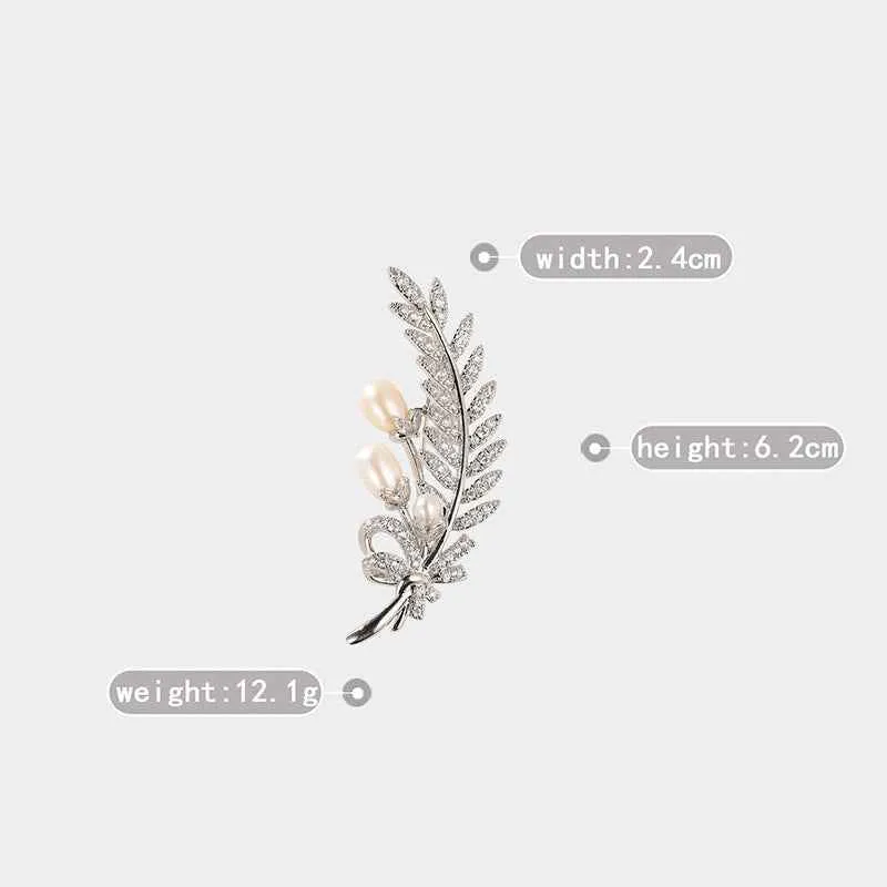 Gold and Silver Wheat Zircon Natural Pearl Leaf Brooch Pin
