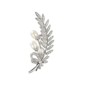 Gold and Silver Wheat Zircon Natural Pearl Leaf Brooch Pin