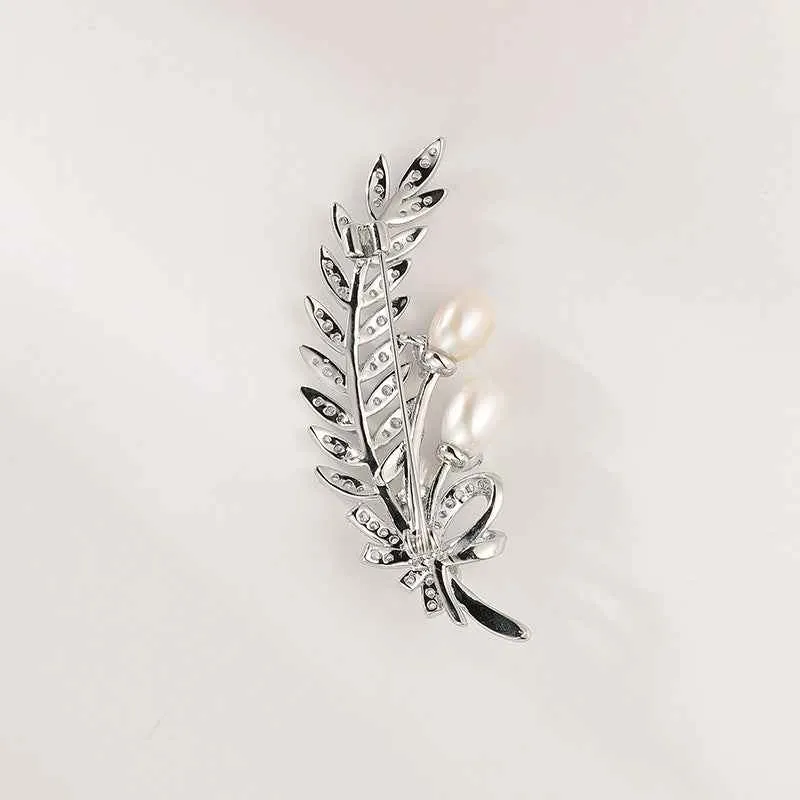 Gold and Silver Wheat Zircon Natural Pearl Leaf Brooch Pin
