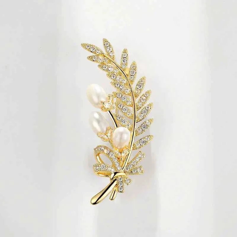 Gold and Silver Wheat Zircon Natural Pearl Leaf Brooch Pin