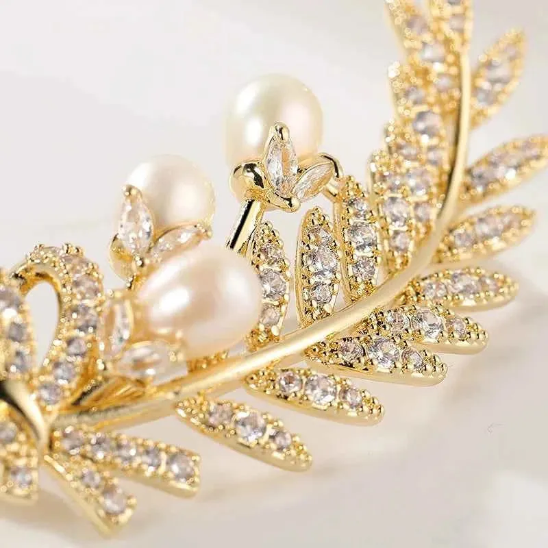 Gold and Silver Wheat Zircon Natural Pearl Leaf Brooch Pin