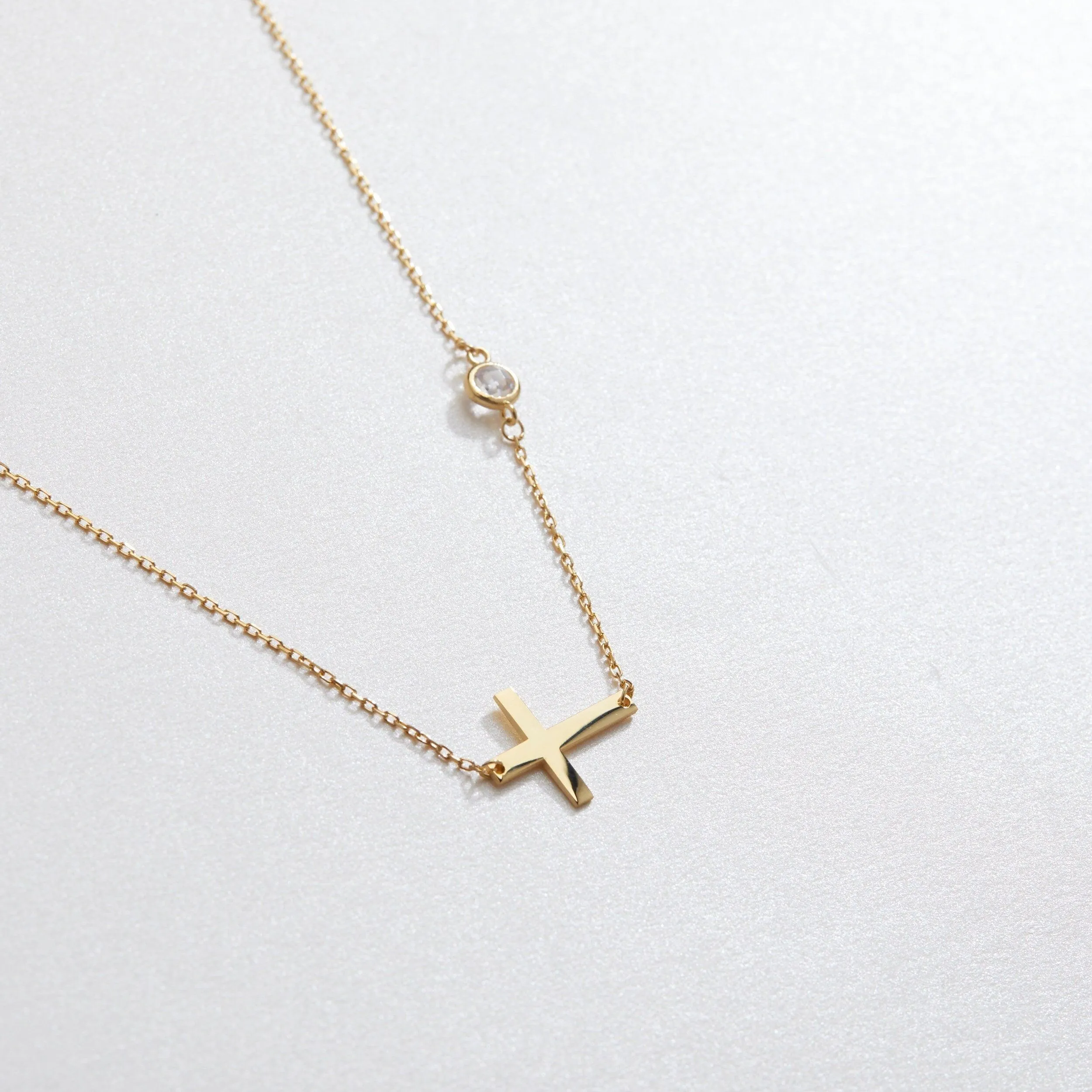 Gold Cross Necklace with Cz Diamond - 18K Gold Vermeil