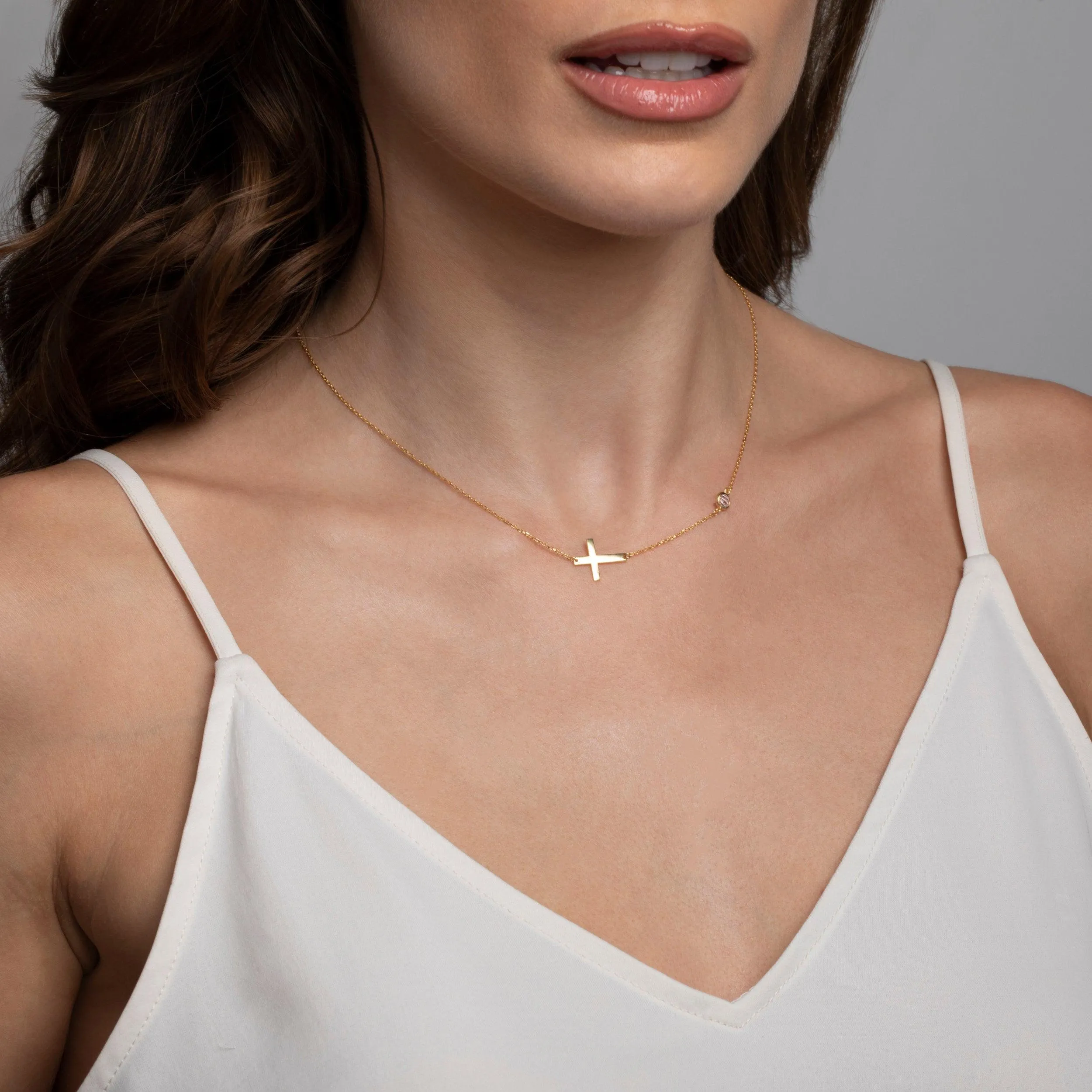 Gold Cross Necklace with Cz Diamond - 18K Gold Vermeil