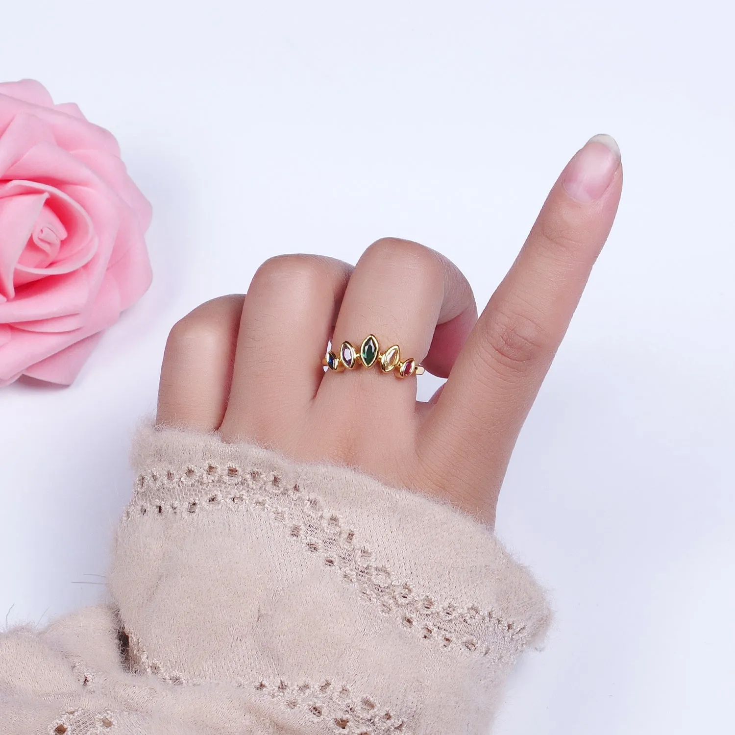 Gold Filled Rainbow Multicolor Marquise CZ Adjustable Ring | Y-454