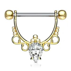 Gold IP Surgical Steel with White Pear CZ Dangle Nipple Ring Barbell