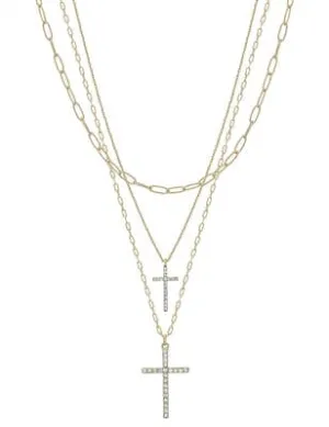Gold Layered Rhinestone Double Cross 16"-18" Necklace EMN2022