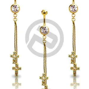 Gold Plated 2 Dangle Religious Cross Clear CZ Drop Dangle Belly Button Navel Ring