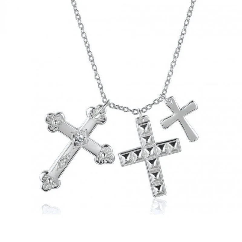 Gold Plated 925 Sterling Silver Three Cross Pendents Necklaces